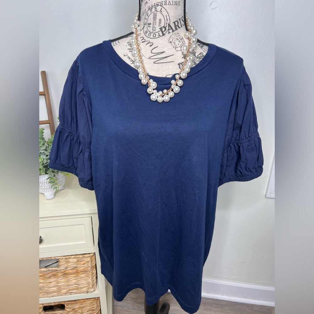 Loft Blue Round Neck with Detailed Sleeve Top